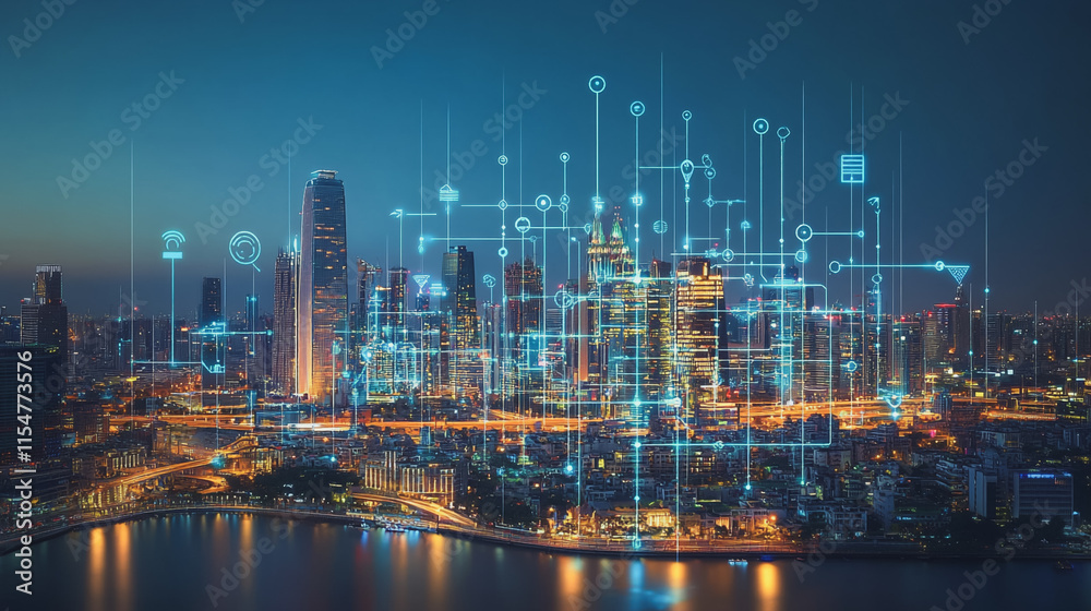 Smart digital Innovation city with connection network reciprocity over the cityscape. of future smart wireless city and social media networking systems that connects business people with in city Smart digital Innovation city with connection network reciprocity over the cityscape. of future smart wireless city and social media networking systems that connects business people with in city