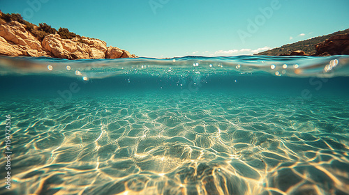 Transparent blue clear water surface texture with ripples splashes and bubbles symbolizing serenity clarity energy chaos and motion evoking feelings of tranquility freshness purity and transformation photo