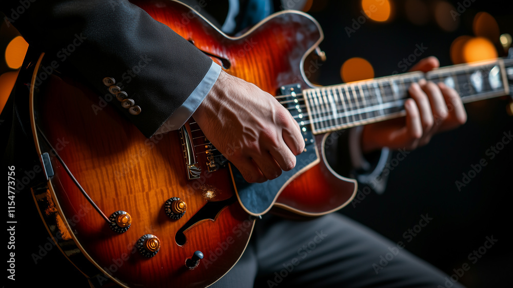 Obraz premium A man happily playing guitar on stage