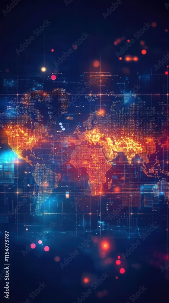Global Trade Network, vibrant icons of commerce, finance, and technology create a luminous world map representation of a borderless economy Global Trade Network, vibrant icons of commerce, finance, and technology create a luminous world map representation of a borderless economy