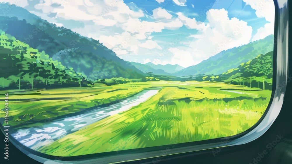Illustration of a view from a train window on a river and mountains. anime style Illustration of a view from a train window on a river and mountains. anime style