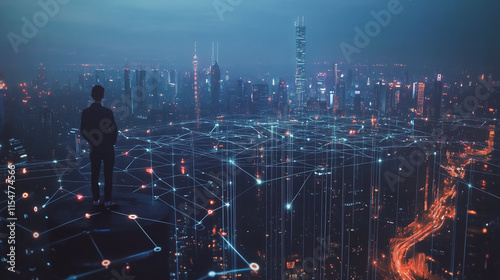 Smart digital Innovation city with connection network reciprocity over the cityscape. of future smart wireless city and social media networking systems that connects business people with in city