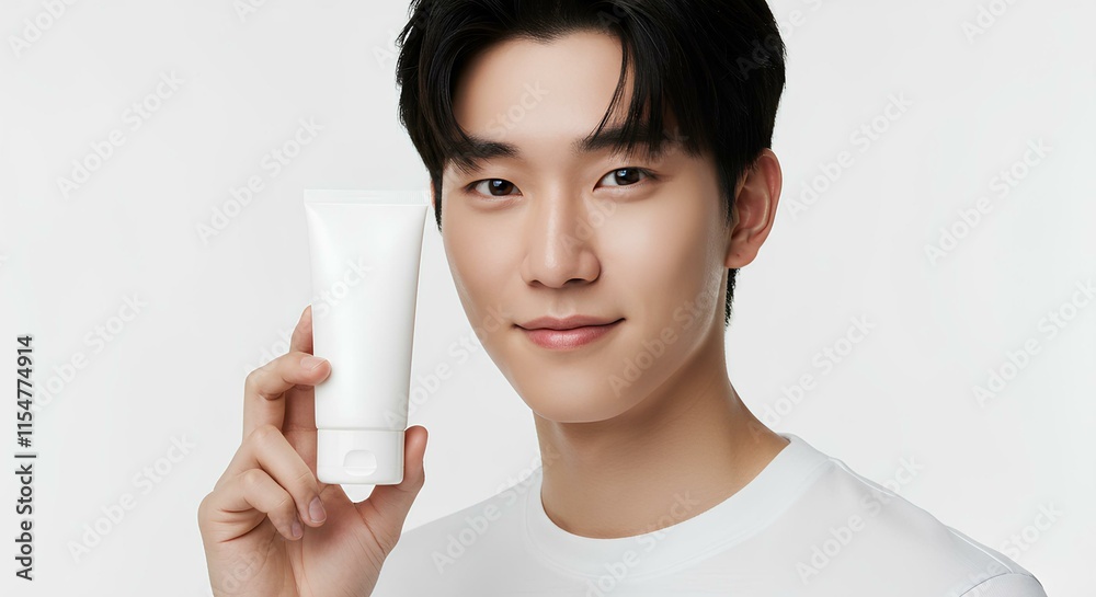 Professional Skincare Product Mockup Featuring a Male Model Holding a Minimalist Cosmetic Tube – Perfect for Branding, Marketing, and Advertising Campaigns in the Beauty and Personal Care Industry Professional Skincare Product Mockup Featuring a Male Model Holding a Minimalist Cosmetic Tube – Perfect for Branding, Marketing, and Advertising Campaigns in the Beauty and Personal Care Industry