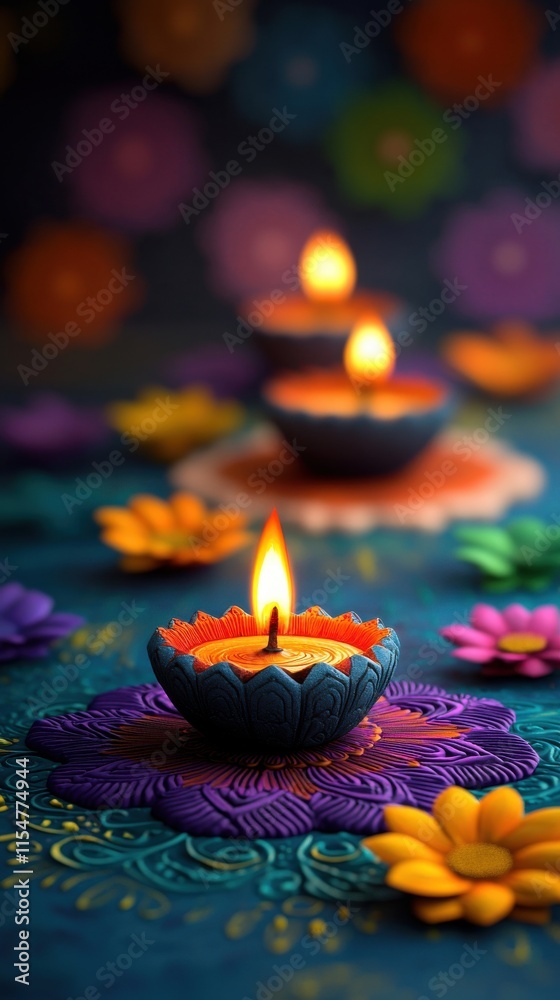 custom made wallpaper toronto digital[Traditional Indian diya arrangement for Diwali celebration] Colorful Indian Diwali Celebration with Lit Candles and Floral Arrangement