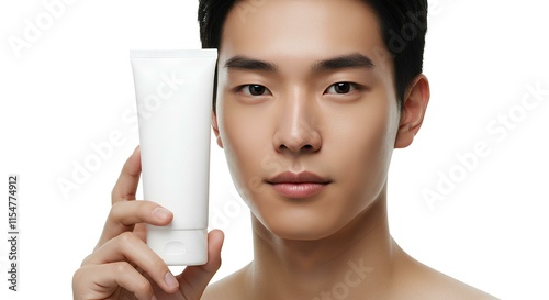 Professional Skincare Product Mockup Featuring a Male Model Holding a Minimalist Cosmetic Tube – Perfect for Branding, Marketing, and Advertising Campaigns in the Beauty and Personal Care Industry photo