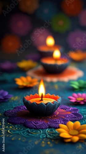 Wallpaper Mural [Traditional Indian diya arrangement for Diwali celebration] Colorful Indian Diwali Celebration with Lit Candles and Floral Arrangement Torontodigital.ca