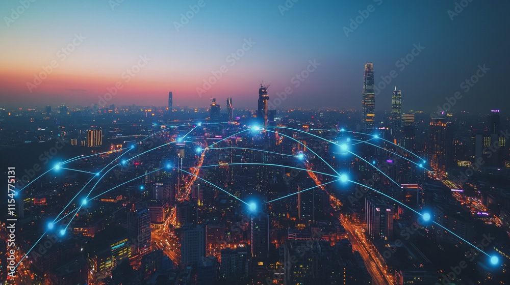 Fototapeta premium Smart digital Innovation city with connection network reciprocity over the cityscape. of future smart wireless city and social media networking systems that connects business people with in city