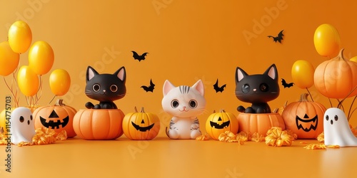 Halloween decorations, Jack-o'-lantern pumpkins, cute white ghost, black paper bats, candy corn, orange background, festive autumn scene, spooky cute, miniature halloween display, carved pumpkins, hol photo