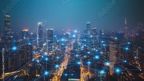 Smart digital Innovation city with connection network reciprocity over the cityscape. of future smart wireless city and social media networking systems that connects business people with in city