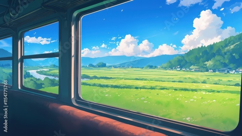 Illustration of a view from a train window on a river and mountains. anime style