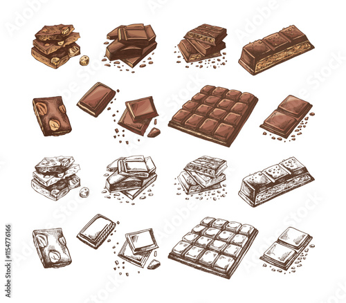 Hand-drawn colored chocolate illustrations set featuring bars and chunks