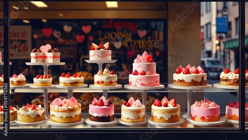 Wallpaper Mural A bakery window filled with Valentine-themed cakes and pastries, holiday promo poster valentine day sale banner background, vibrant colors, romantic love and harmony Torontodigital.ca