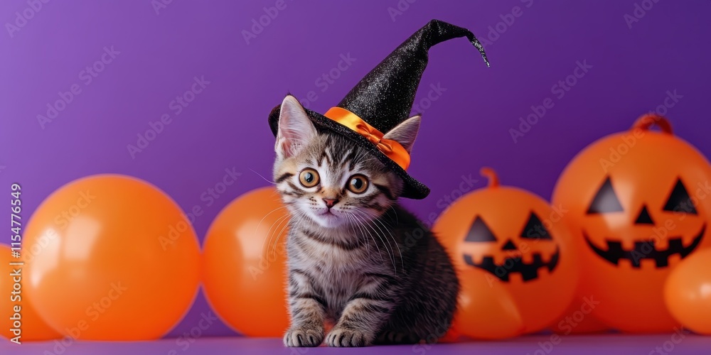 Obraz premium Halloween cat, tabby kitten, witch hat, orange balloons, jack-o-lantern pumpkins, purple background, festive scene, holiday decor, whimsical, cute, spooky, seasonal, studio photography, high detail, v
