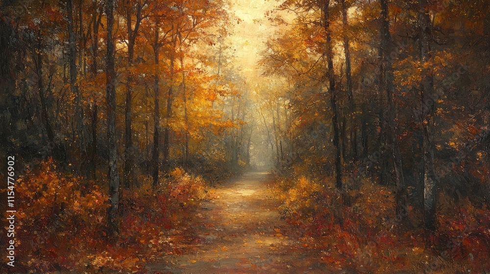 Obraz premium [Autumn forest landscape with dappled sunlight] Autumn Forest Pathway at Dusk Softly Painted Brushstrokes Nature's Harmony