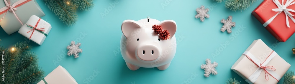 Holiday savings strategy with piggy bank decor home creative concept festive setting aerial view Holiday savings strategy with piggy bank decor home creative concept festive setting aerial view