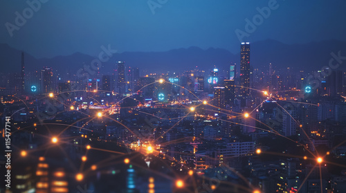 Wallpaper Mural Smart digital Innovation city with connection network reciprocity over the cityscape. of future smart wireless city and social media networking systems that connects business people with in city Torontodigital.ca