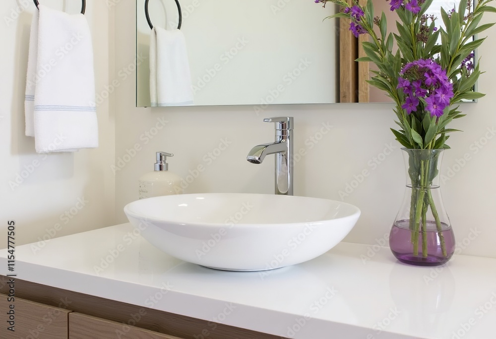 Fototapeta premium Elegant Modern Bathroom Design with Ceramic Vanity Sink, Stylish Faucet, and Purple Floral Arrangement for a Fresh Look 
