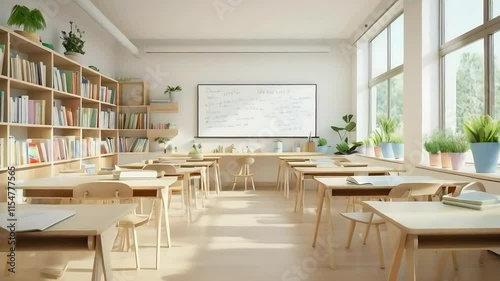 Wallpaper Mural Bright classroom with wooden desks, chairs, bookshelves, whiteboard, and plants. Torontodigital.ca