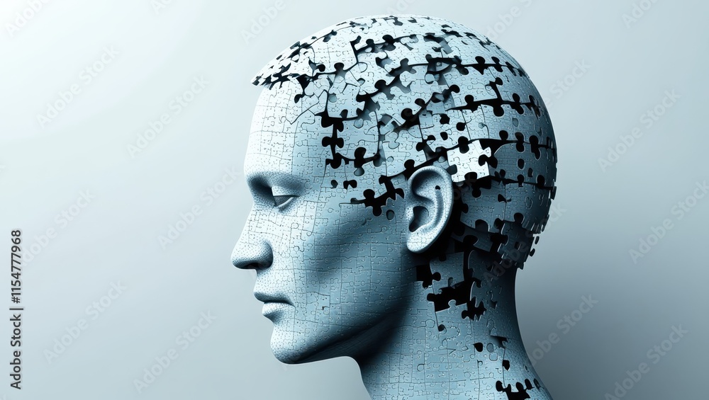 Surreal profile portrait, human head made of intricate puzzle pieces, monochromatic blue tones, fragmenting mind concept, digital art, hyperrealistic render, thought visualization, cognitive psycholog Surreal profile portrait, human head made of intricate puzzle pieces, monochromatic blue tones, fragmenting mind concept, digital art, hyperrealistic render, thought visualization, cognitive psycholog