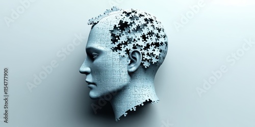 Surreal profile portrait, human head made of intricate puzzle pieces, monochromatic blue tones, fragmenting mind concept, digital art, hyperrealistic render, thought visualization, cognitive psycholog photo