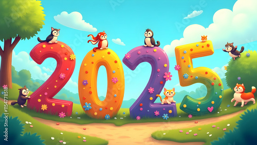 Cute Animals Celebrate 2025 in a Colorful Cartoon Landscape