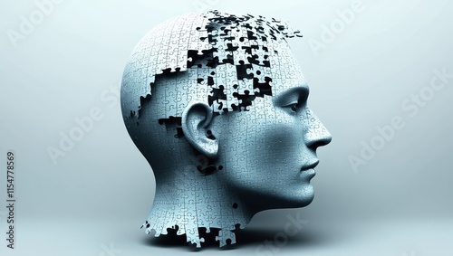 Surreal profile portrait, human head made of intricate puzzle pieces, monochromatic blue tones, fragmenting mind concept, digital art, hyperrealistic render, thought visualization, cognitive psycholog photo