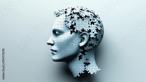 Surreal profile portrait, human head made of intricate puzzle pieces, monochromatic blue tones, fragmenting mind concept, digital art, hyperrealistic render, thought visualization, cognitive psycholog photo