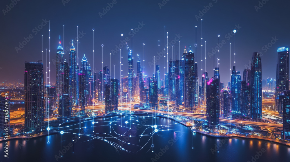 Obraz premium Smart digital Innovation city with connection network reciprocity over the cityscape. of future smart wireless city and social media networking systems that connects business people with in city