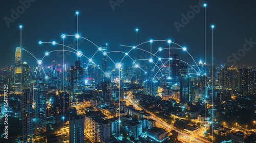 Wallpaper Mural Smart digital Innovation city with connection network reciprocity over the cityscape. of future smart wireless city and social media networking systems that connects business people with in city Torontodigital.ca