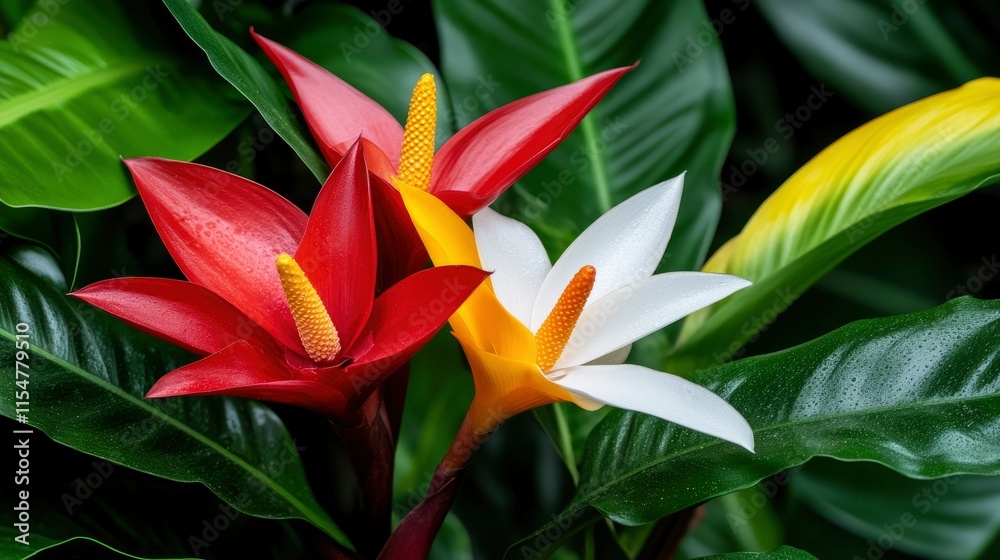 Vibrant Anthurium Flowers in Red, White, and Yellow