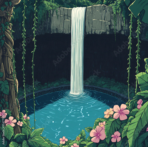 close up of the pool underneath a beautiful waterfall, deep in the columbian jungle.tropical flowers in the foreground. Vines stretch from one tree to another in the foreground at the top of the image photo