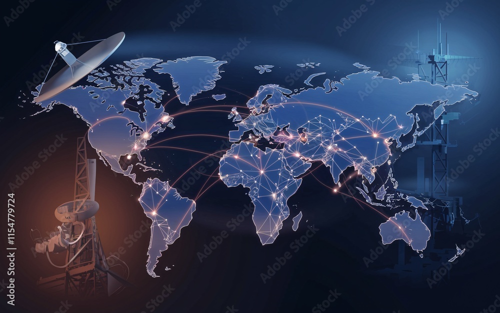 Fototapeta premium Smart World Global Connectivity, Global network connection, satellite, antennas, world map.
