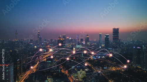 Wallpaper Mural Smart digital Innovation city with connection network reciprocity over the cityscape. of future smart wireless city and social media networking systems that connects business people with in city Torontodigital.ca