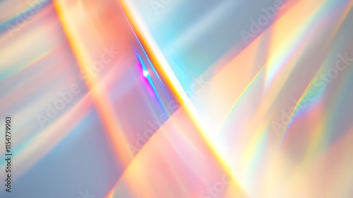 Blurred rainbow light refraction texture overlay effect for photo and mockups. Organic drop diagonal holographic flare on a white wall. Shadows for natural light effects