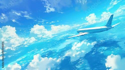 Illustration of a view Airplane flying above the clouds at sunset. anime style