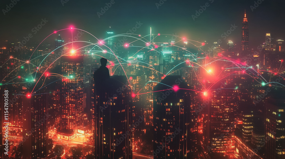 Smart digital Innovation city with connection network reciprocity over the cityscape. of future smart wireless city and social media networking systems that connects business people with in city Smart digital Innovation city with connection network reciprocity over the cityscape. of future smart wireless city and social media networking systems that connects business people with in city