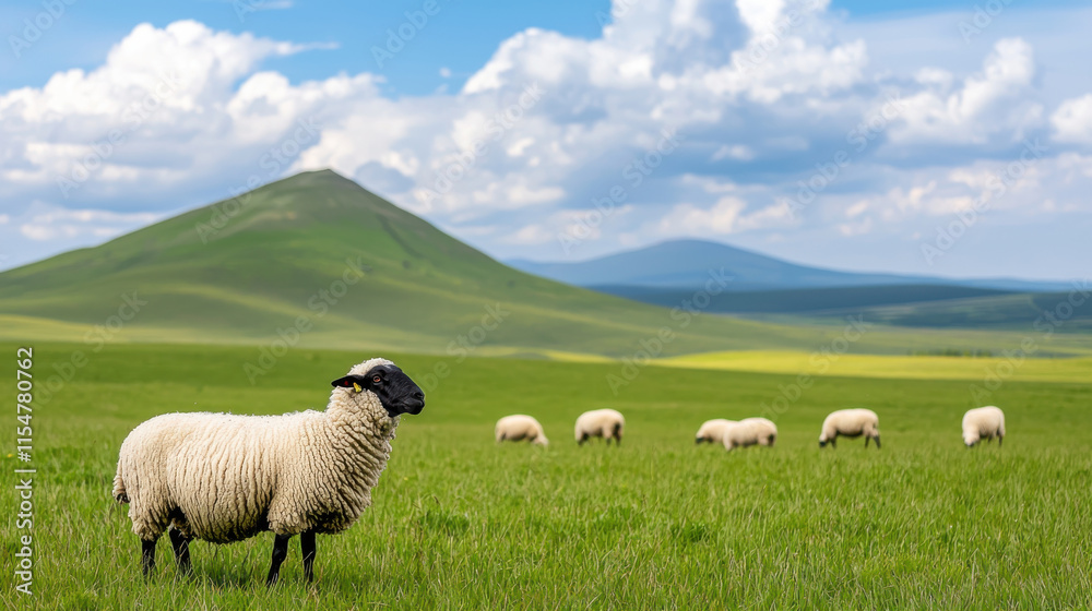 First Day of Spring concept. Lush field with sheep grazing under vibrant sky and mountains