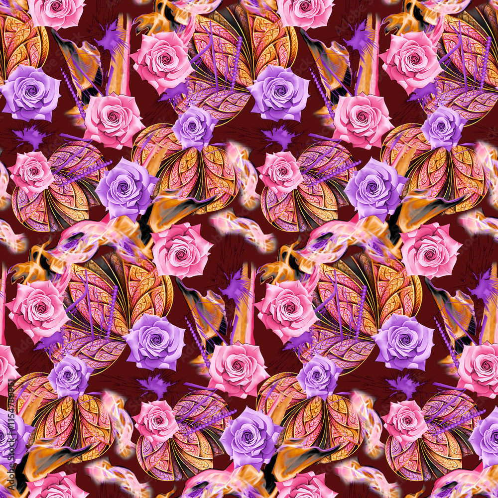 Naklejka premium watercolor digital rose flower pattern on textures background