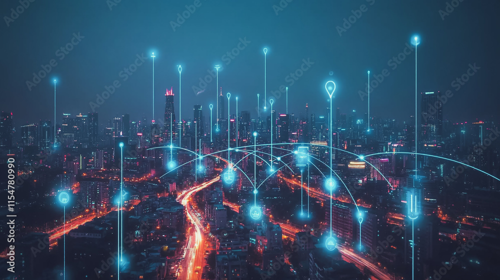 Smart digital Innovation city with connection network reciprocity over the cityscape. of future smart wireless city and social media networking systems that connects business people with in city Smart digital Innovation city with connection network reciprocity over the cityscape. of future smart wireless city and social media networking systems that connects business people with in city