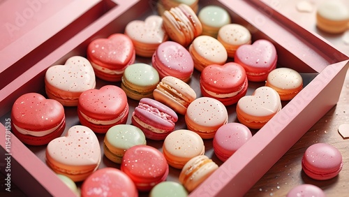 A box of Valentine macarons shaped like hearts in various colors, holiday promo poster valentine day sale banner background, vibrant colors, romantic love and harmony photo