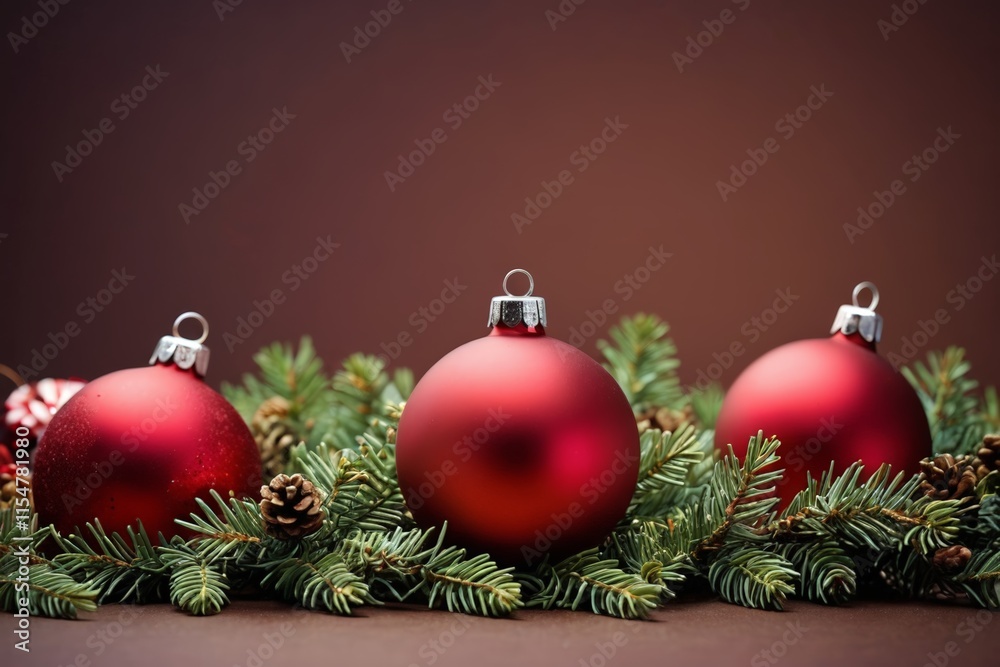 three red christmas ornaments are sitting on a table with pine cones three red christmas ornaments are sitting on a table with pine cones