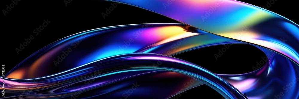 Fototapeta premium Abstract light trails, vibrant neon colors, glossy curved surfaces, dynamic motion blur, futuristic technology aesthetic, sleek metallic reflections, high contrast, black background, ultrawide panoram