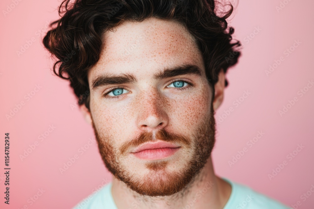 Portrait of Young Man with Freckles and Bright Blue Eyes on Pink Background Portrait of Young Man with Freckles and Bright Blue Eyes on Pink Background