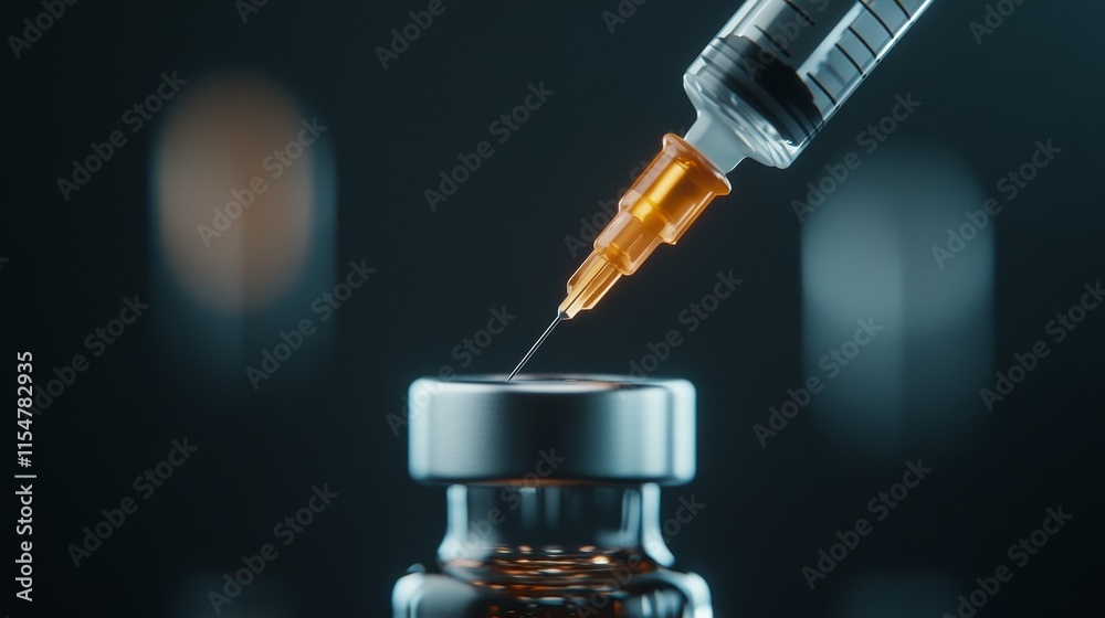 Syringe needle piercing glass vial in laboratory setting closeup shot medical concept Syringe needle piercing glass vial in laboratory setting closeup shot medical concept