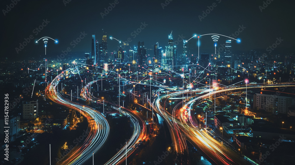 Smart digital Innovation city with connection network reciprocity over the cityscape. of future smart wireless city and social media networking systems that connects business people with in city Smart digital Innovation city with connection network reciprocity over the cityscape. of future smart wireless city and social media networking systems that connects business people with in city