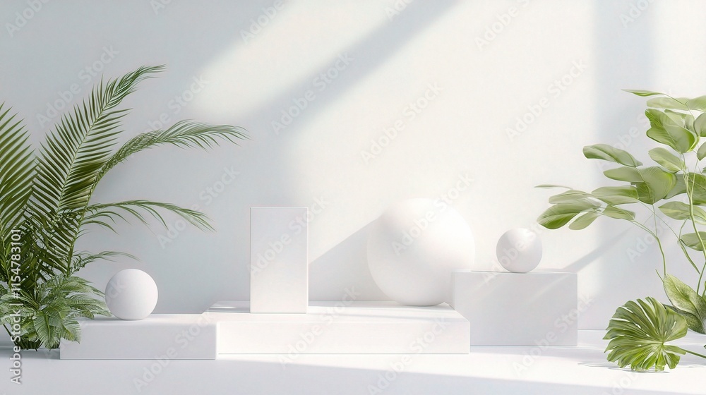 Modern 3D Illustration with White Elements and Green Plants Modern 3D Illustration with White Elements and Green Plants