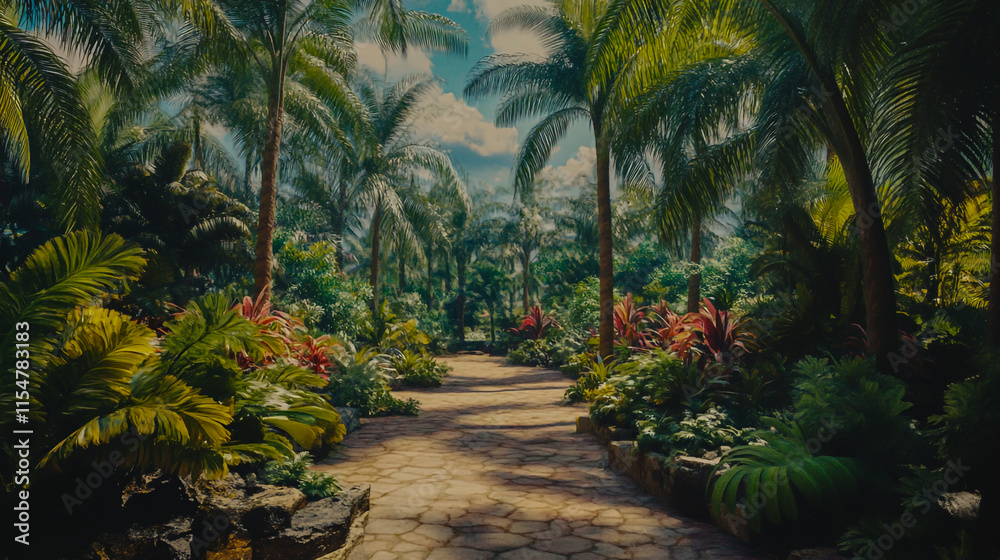 A palm garden and cultivators in panoramic view