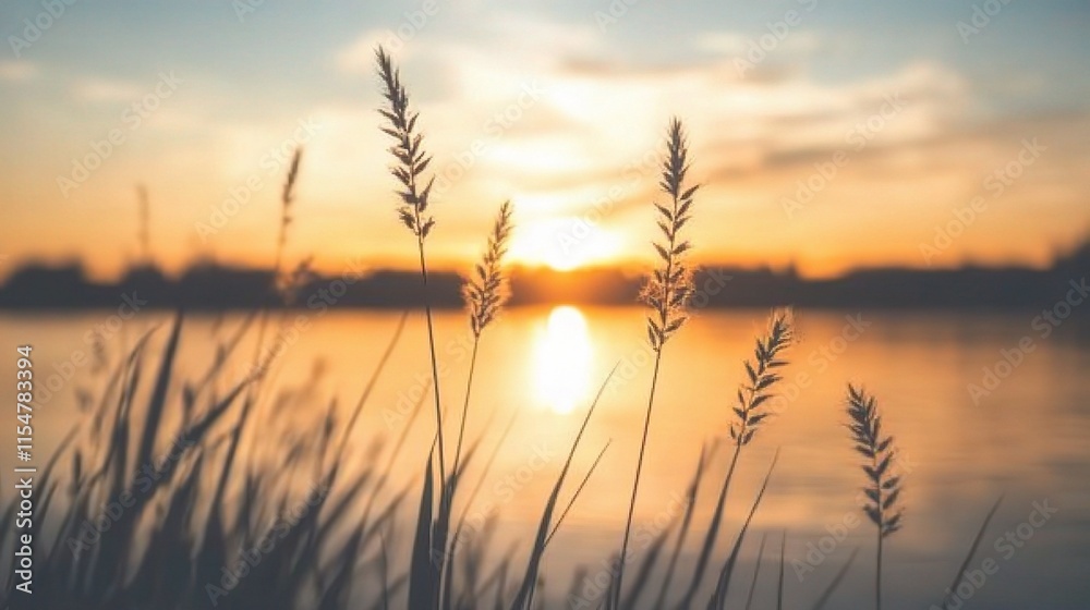 Serene Weeds Swaying on Lake Shore During Beautiful Sunset Serene Weeds Swaying on Lake Shore During Beautiful Sunset