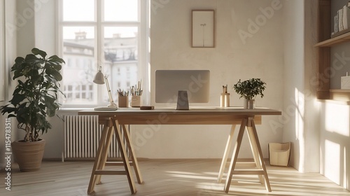 Modern Timber Desk with Natural Light in Minimalist Home Office