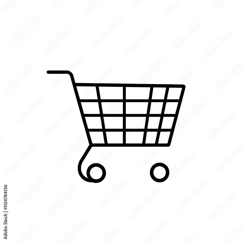 A simple shopping cart icon in black outline, representing e-commerce, on a white background.
A simple shopping cart icon in black outline, representing e-commerce, on a white background.